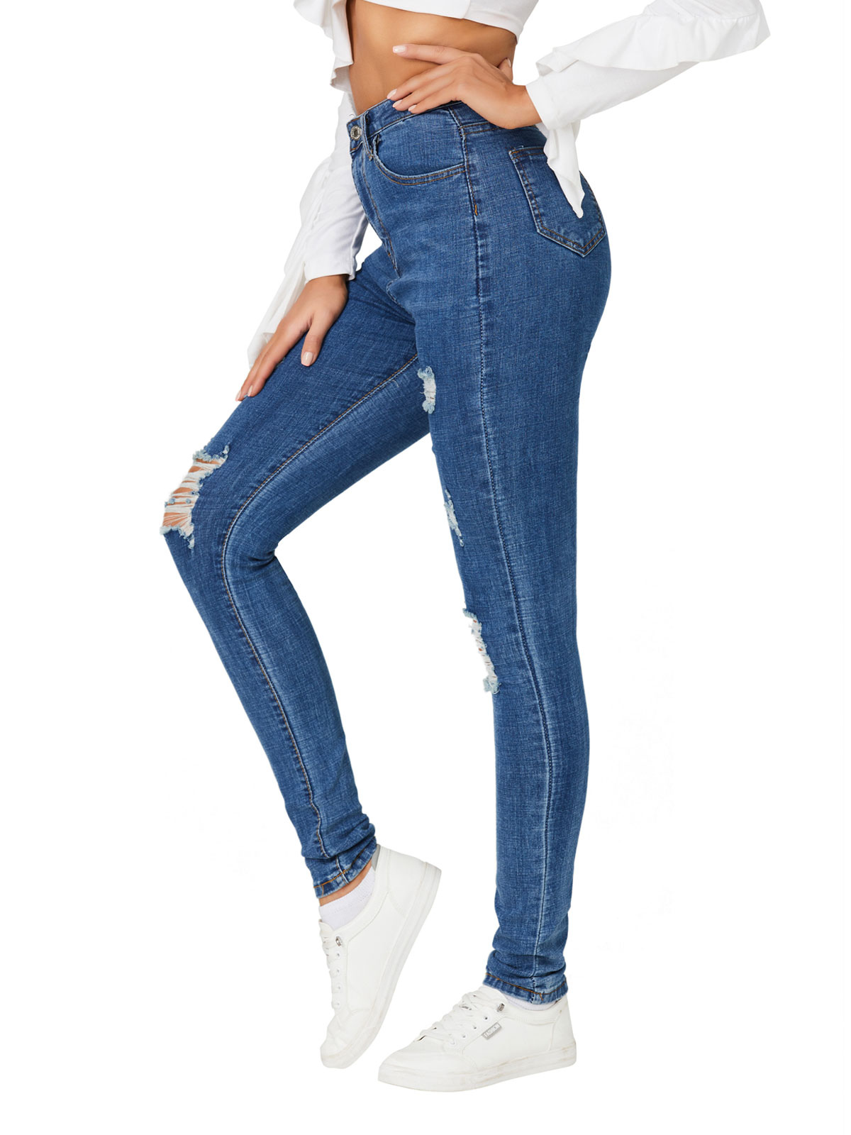 Women's Clothing Women's Bottoms | Women Denim Pants Royal Blue Raised Waist Trousers Cowboy Tapered Fit Jeans - FC43254