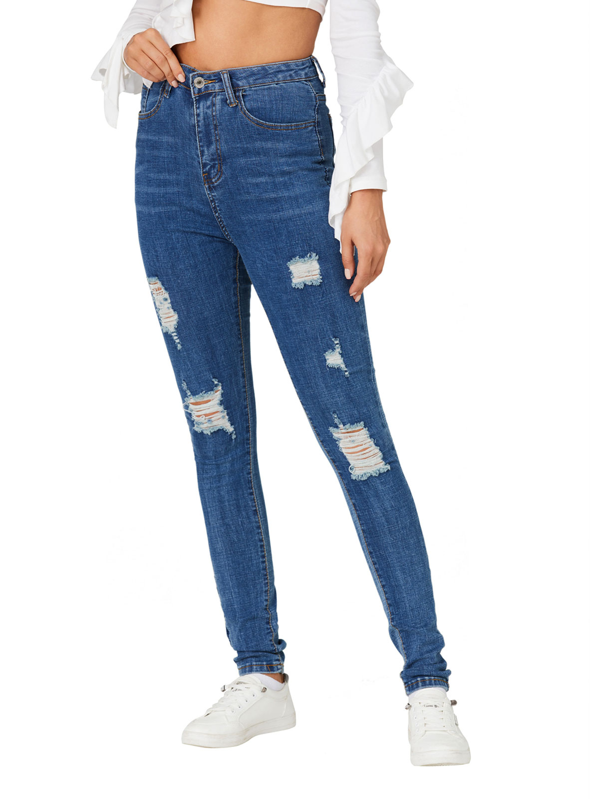 Women's Clothing Women's Bottoms | Women Denim Pants Royal Blue Raised Waist Trousers Cowboy Tapered Fit Jeans - FC43254