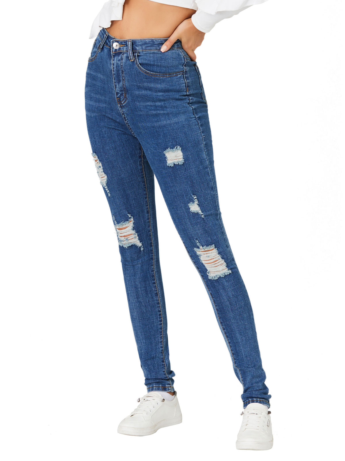 Women's Clothing Women's Bottoms | Women Denim Pants Royal Blue Raised Waist Trousers Cowboy Tapered Fit Jeans - FC43254