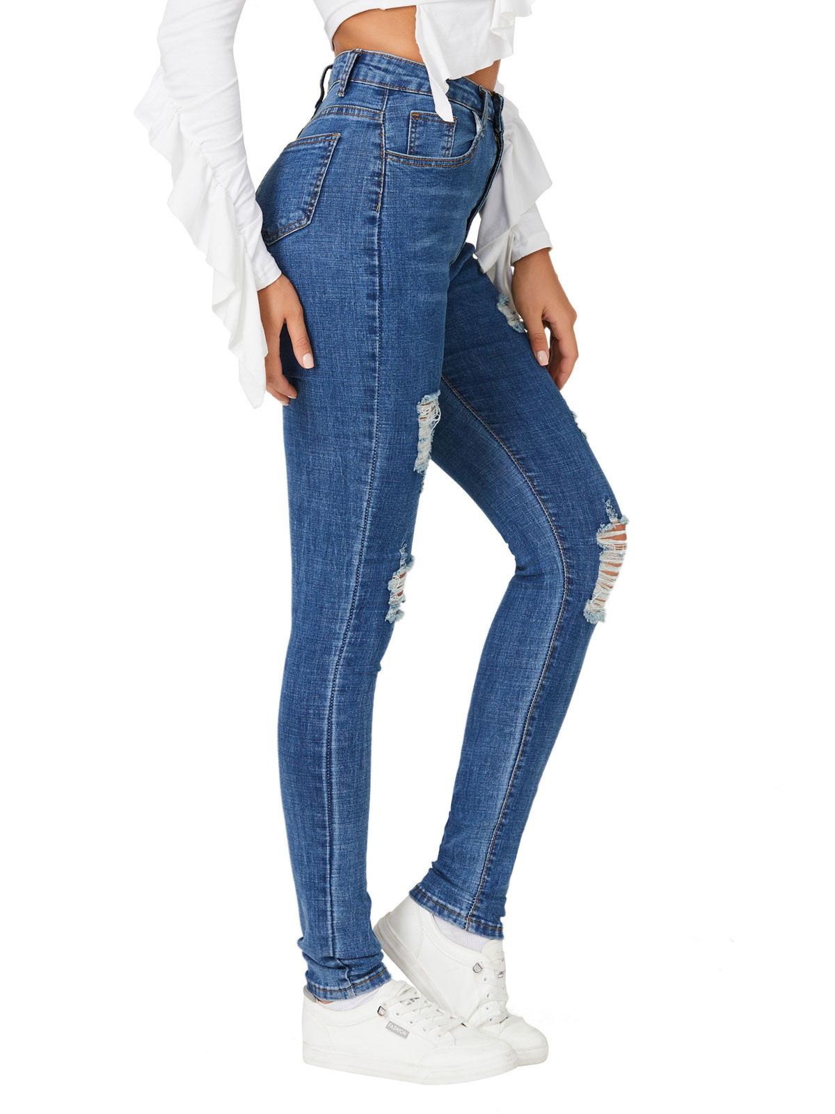 Women's Clothing Women's Bottoms | Women Denim Pants Royal Blue Raised Waist Trousers Cowboy Tapered Fit Jeans - FC43254