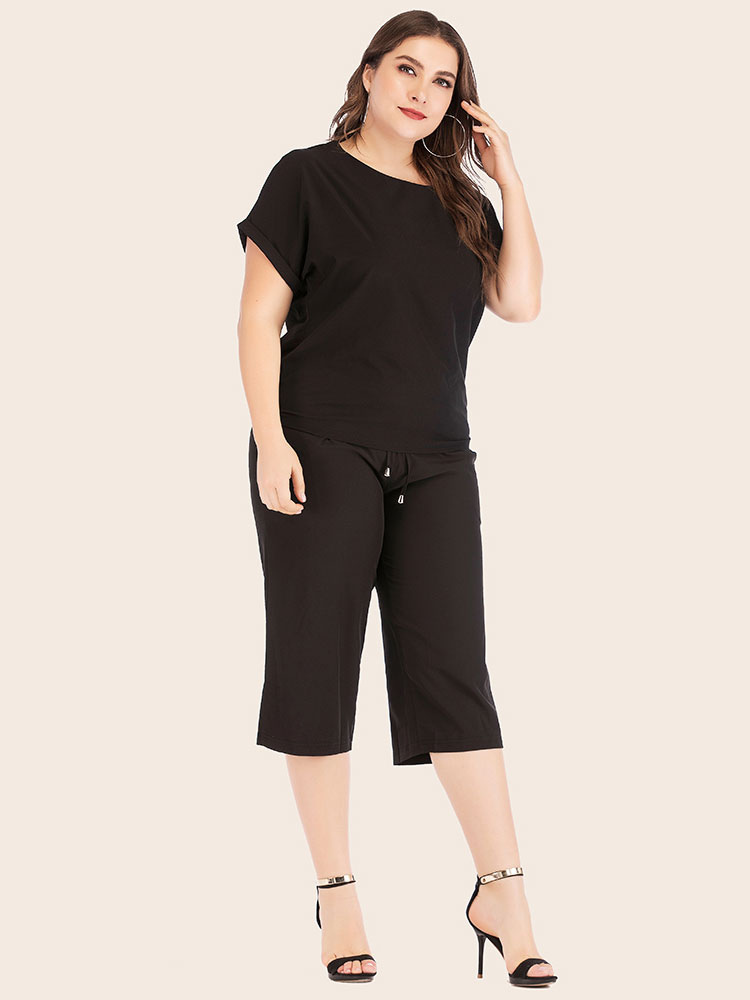 Plus Size Black Jumpsuit For Women Jewel Neck Short Sleeve Casual Lycra ...