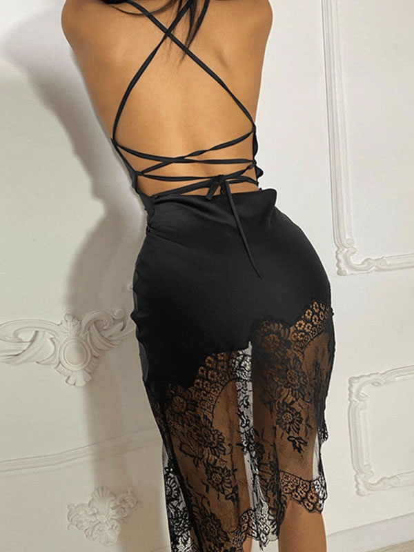 Women's Clothing Clubwear | Club Dress Black Straps Neck Sleeveless Polyester Backless Sexy Pencil Dress - YM84670