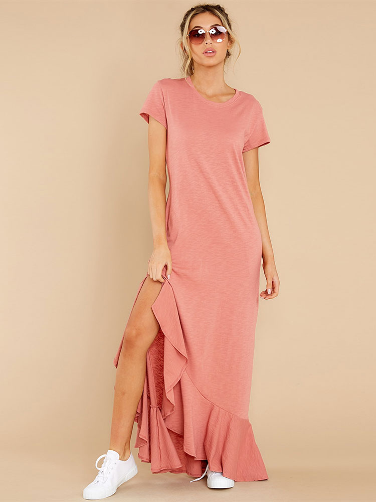 Vestidos rectos Cameo Marrón Mangas cortas Casual Split Front Cuello joya Vestido  largo asimétrico de tubo - Milanoo.com