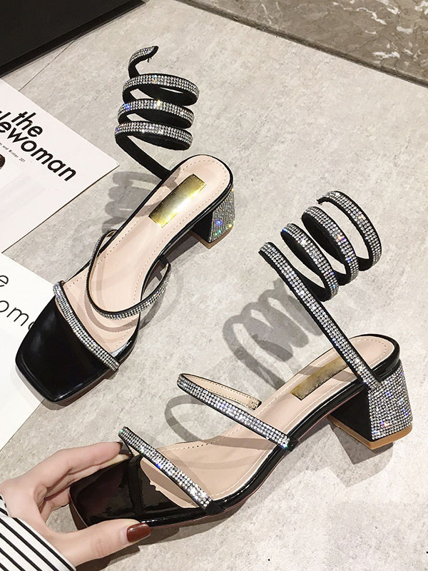 Sandalias de tacón Tacón grueso plateado Punta cuadrada Tacones con  cordones de cuero de PU - Milanoo.com