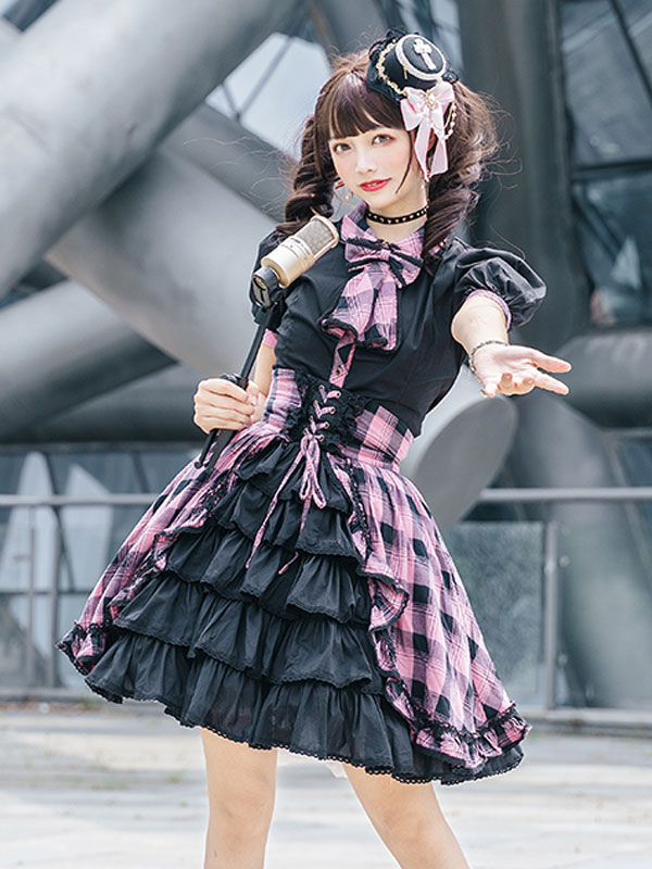 Idol clothes Lolita JSK Dress Balck Plaid Print Pattern Ruffles