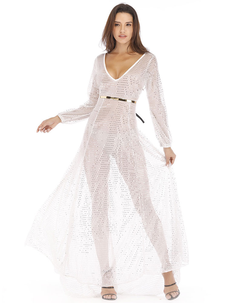 Women's Clothing Clubwear | Women Club Dress V-Neck Zipper Long Sleeves Tulle Sheer Silver Sexy Maxi Dress - NY00669