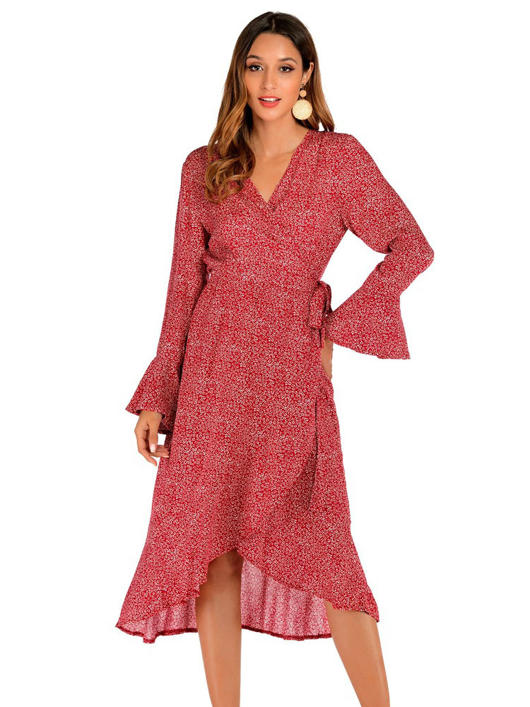 Moda Mujer Vestidos | Maxi vestidos rojo de manga larga con estampado floral con cuello en v vestido largo hasta el suelo de poliéster - ZY93407