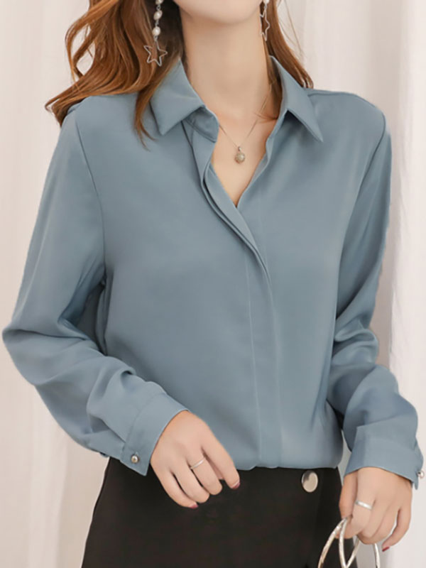 blouse for women Dark Navy Turndown Collar Casual Long Sleeves ...