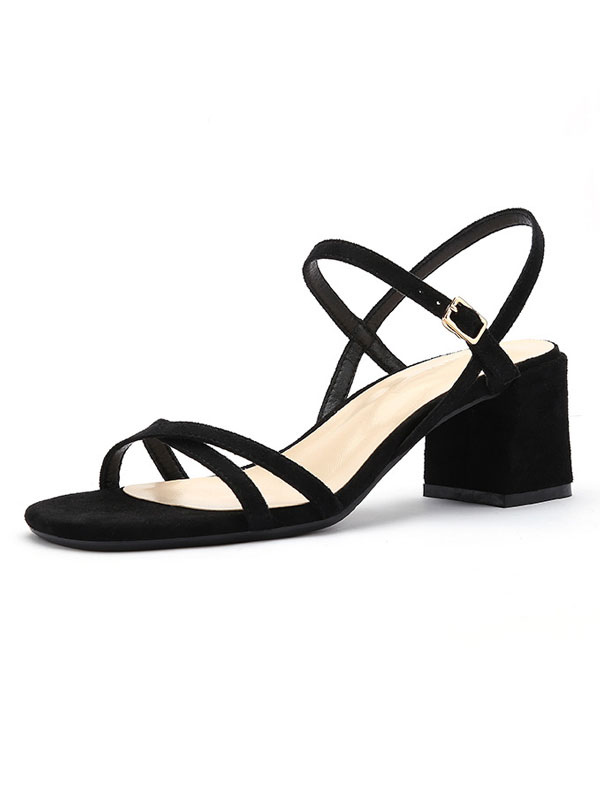 Zapatos de Mujer | Sandalias de tacón Tacón grueso negro Punta redonda Micro gamuza Tacones con correa en el tobillo superior - MR51438