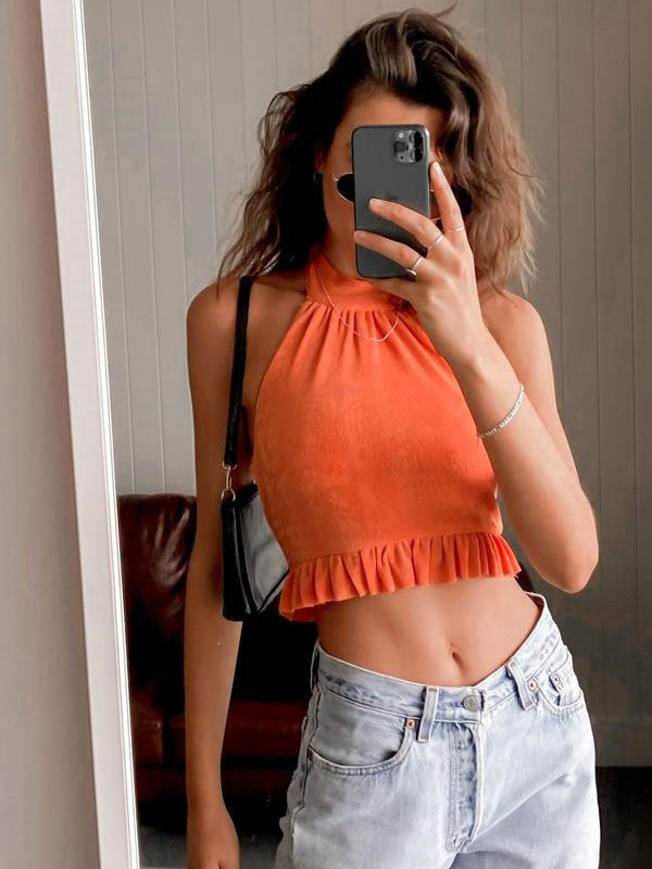 Women's Clothing Tops | Sexy Halter Top For Women Sleeveless Pleated Ruffles Polyester Summer Tops - LM43872