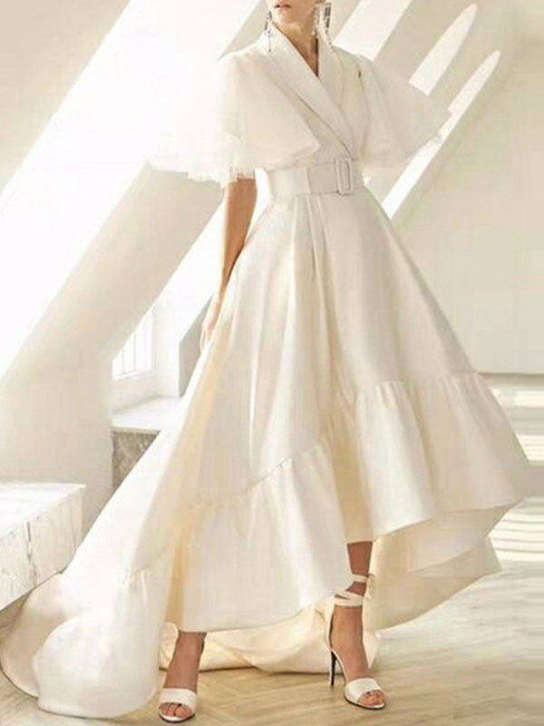 Moda Mujer Vestidos | Vestidos de fiesta Blanco con cuello en V Volantes Mangas cortas Vestido semiformal largo en capas - DR32654