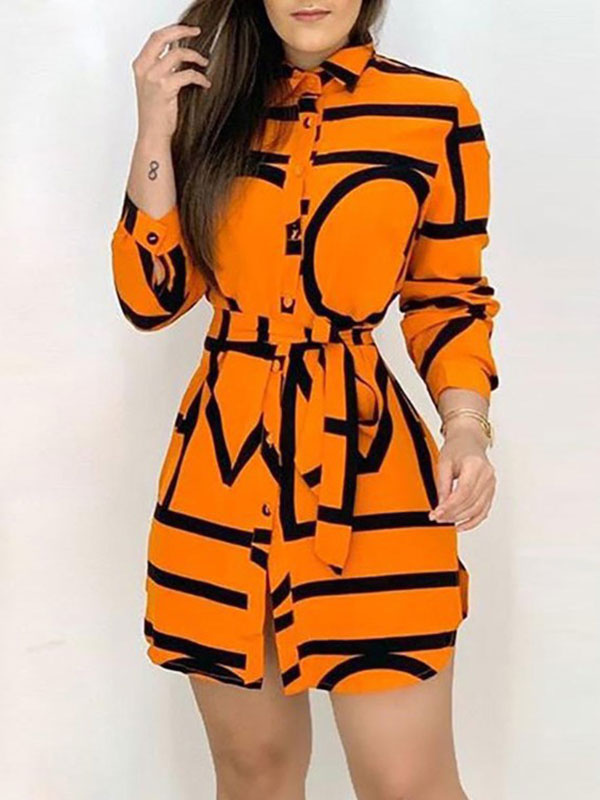 Women's Clothing Dresses | Shift Dresses Long Sleeves Stripes Pattern Casual Turndown Collar Orange Tunic Dress - AL94716