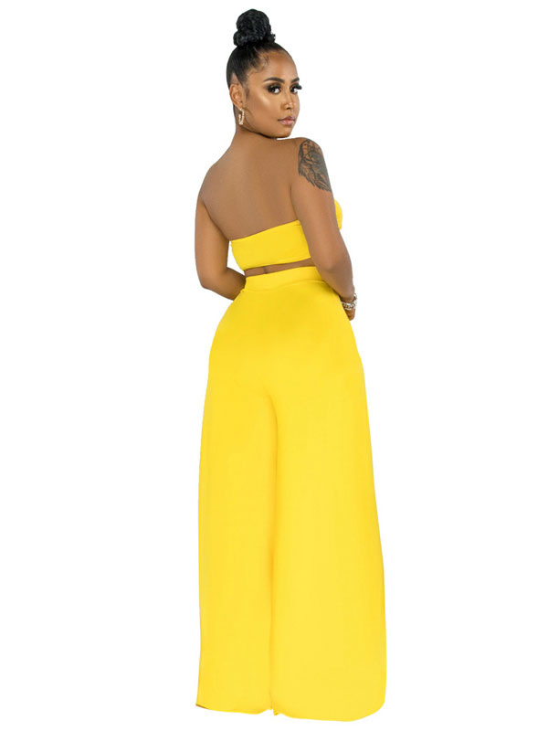 Two Piece Sets Yellow Polyester Strapless Lace Up Split Front Casual