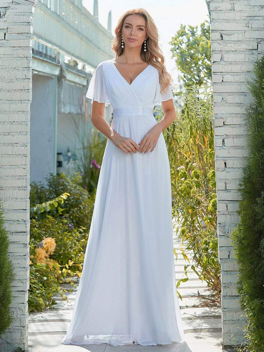 V Neck Chiffon Short Beach Wedding Dresses Simple White Bridal Gown With Zipper 
