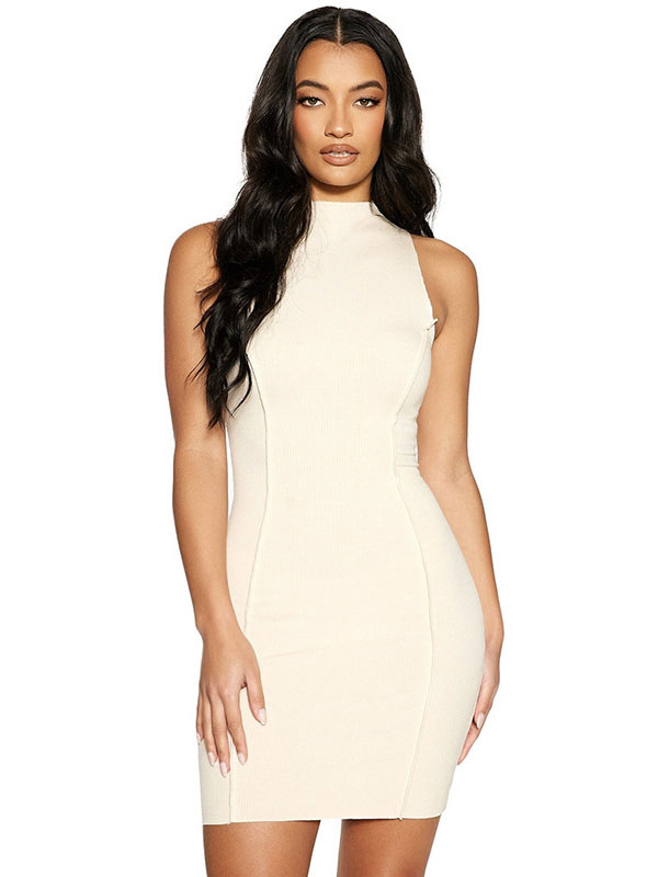Women's Clothing Dresses | Bodycon Dress Eric White Sleeveless Piping Casual High Collar Open Shoulder Slim Fit Wrap Dresses Sheath Wrap Dresses - SL58878