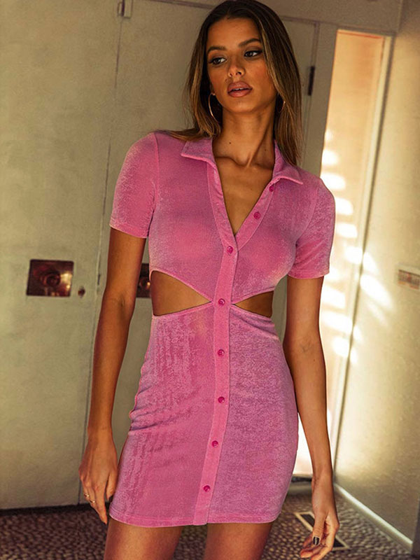 Women's Clothing Dresses | Bodycon Dress Pink Short Sleeves Buttons Casual V-Neck Irregular Midi Wrap Dresses Sheath Wrap Dresses - AO49703