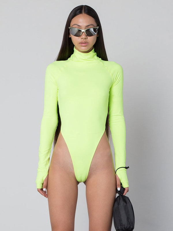 Women's Clothing Tops | Bodysuit Long Sleeves Yellow Green Piping Stretch High Collar Sexy Polyester Top For Women - HG02727