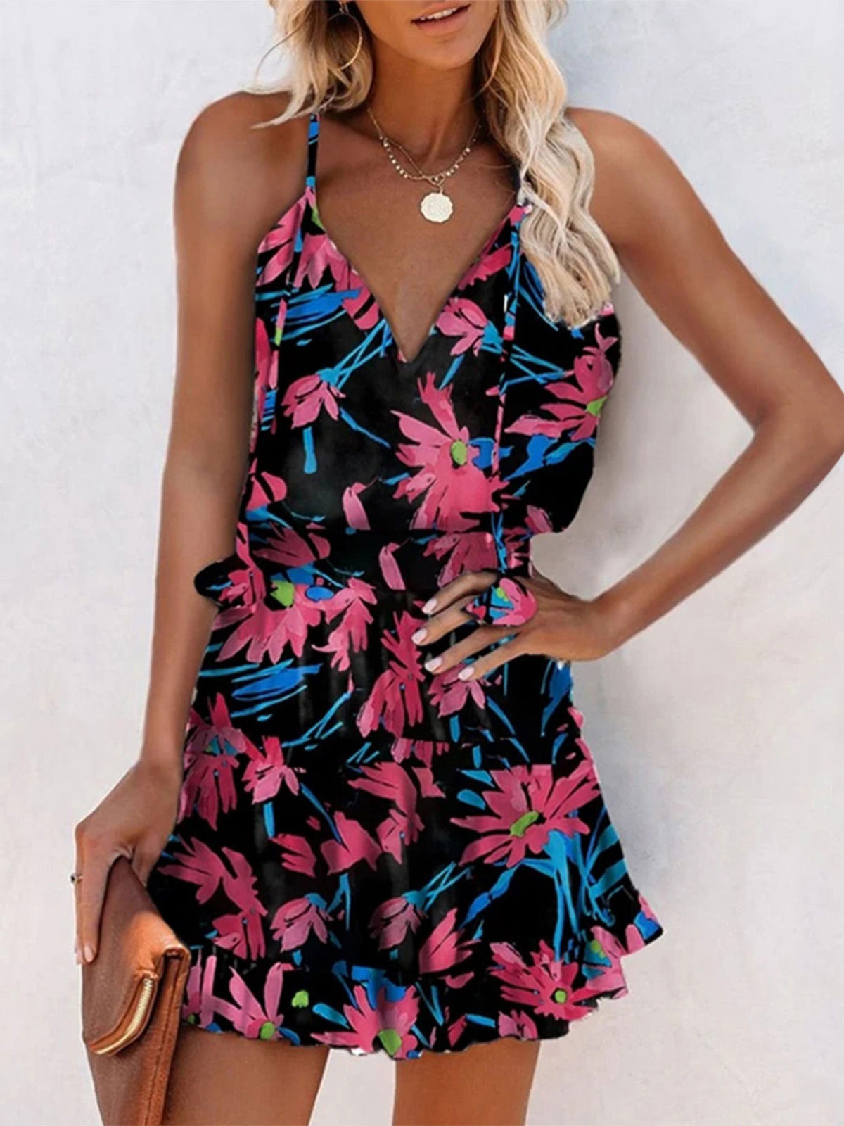 Moda Mujer Vestidos | Vestido de verano con cuello en V, estampado floral, plisado, hombro abierto, azul, vestido corto de playa - YT53995