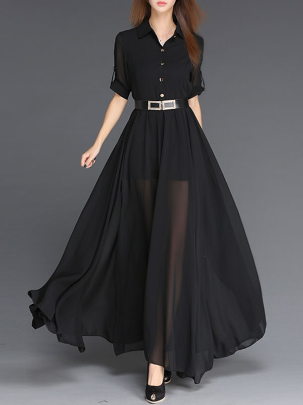 Moda Mujer Vestidos | Vestidos largos Medias mangas Negro Cuello vuelto Gasa Poliéster Hasta el suelo Vestido - VU03890