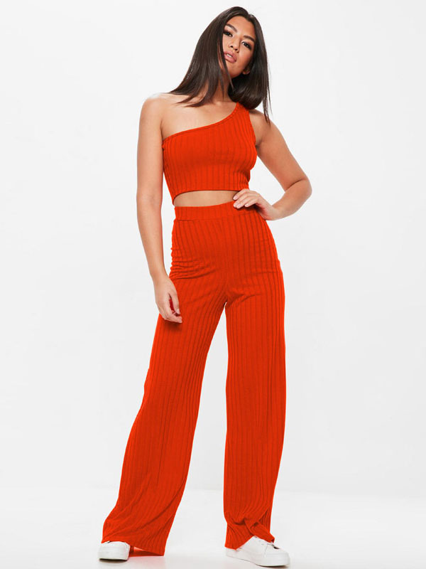 Set due pezzi Oragnge Pantaloni larghi lunghi in poliestere rosso con una  spalla Top casual per donna - Milanoo.com