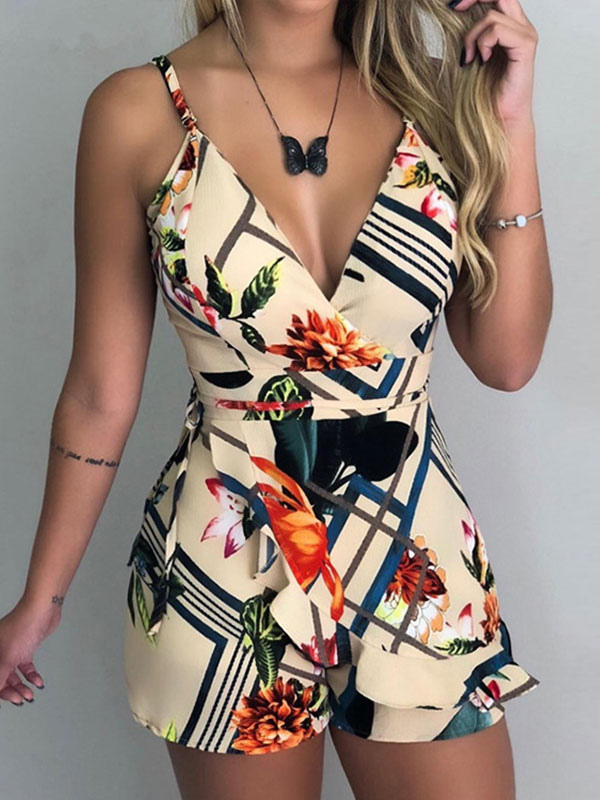 Women's Clothing Jumpsuits & Rompers | Jumpsuit Beige Floral Printed V-Neck Sleeveless Jumpsuits For Women - ML09251