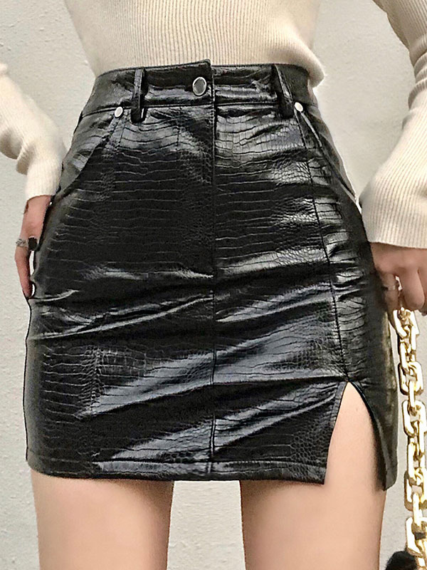 Women's Clothing Women's Bottoms | Women Skirt Black Zipper Pu Leather Short Raised Waist Stretch Flared Bottoms - EX29722