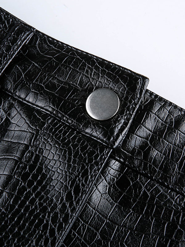 Mode Femme Bas Femmes | Jupe femme noire à glissière en cuir PU taille courte surélevée bas évasé extensible - GP54450