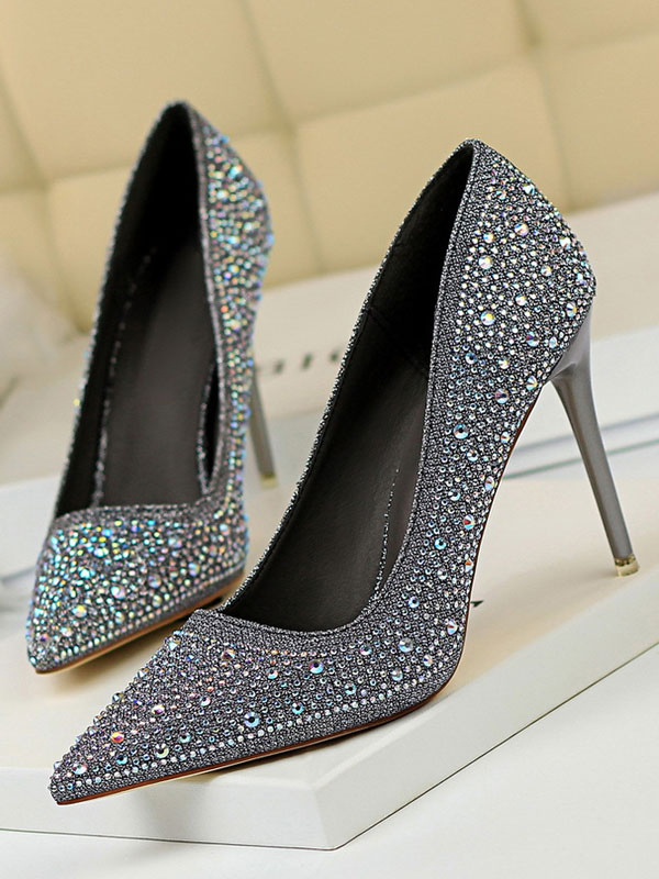 High Heel Party Shoes Black Pointed Toe Sequined Cloth Evening Shoes ...
