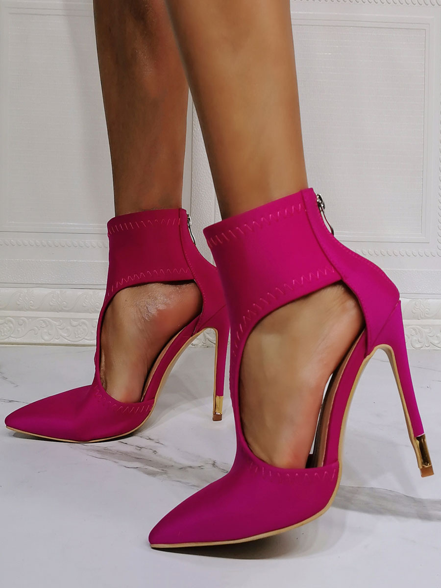 Chaussures Chaussures femme | Escarpins femme talon haut rouge rosé en tissu élastique à zip bout pointu - NC15991