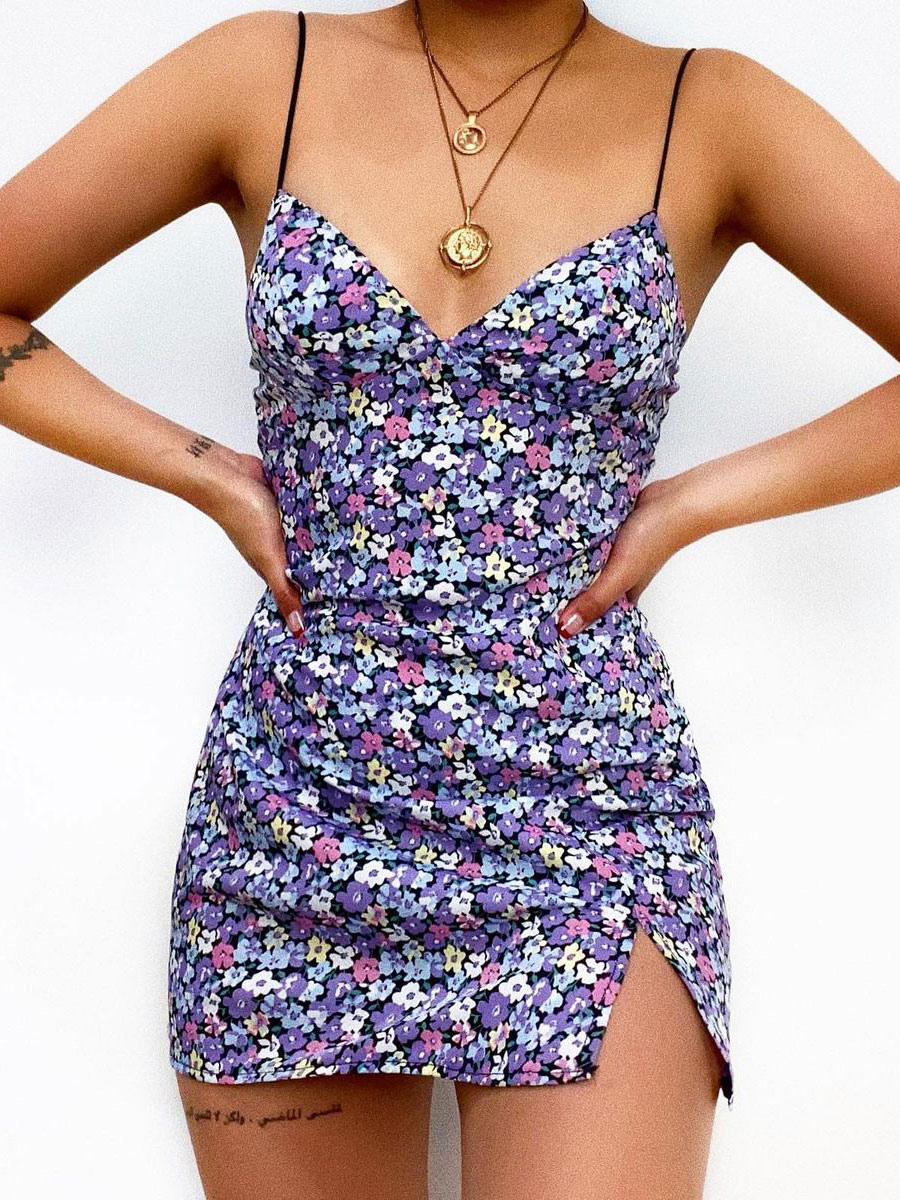 Women's Clothing Dresses | Summer Dress Blue V-Neck Sleeveless Floral Print Chiffon Midi Beach Dress - KX75414