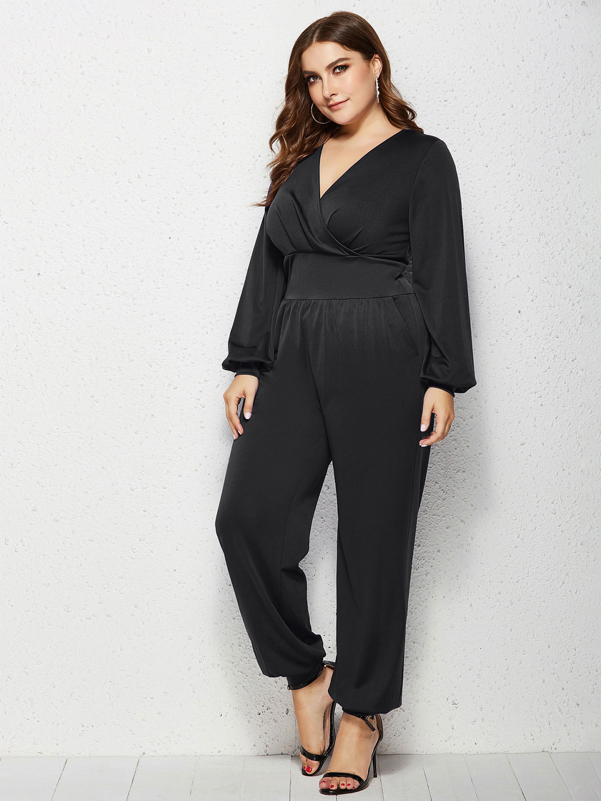 Plus Size Jumpsuit For Women Burgundy V-Neck Long Sleeves Pleated ...