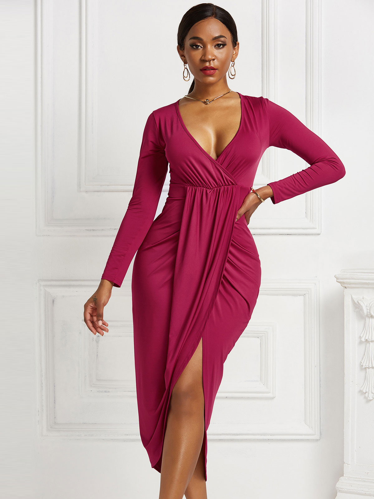 Bodycon Dark Red Pleated High Low Design Casual Long Sleeves Dress - Milanoo.com