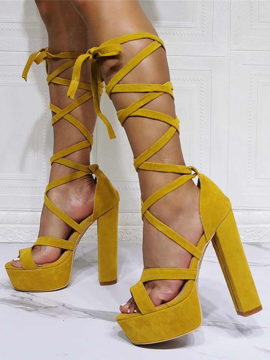Zapatos de Fiesta | Sandalias sexis para mujer, micro gamuza dorada, punta abierta, tacón grueso, tacones con cordones - ZL40062