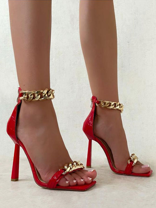 Zapatos de Mujer | Sandalias de tacón Tacón de aguja rojo Punta cuadrada PVC Tacones con correa en el tobillo superior - EI32833
