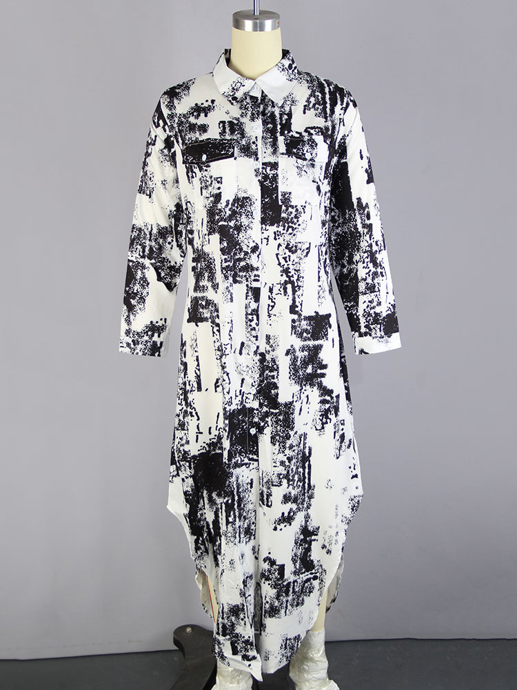 Abiti lunghi Maniche a 3/4 Lettere Colletto rovesciato stampato Abito  oversize in poliestere bianco - Milanoo.com