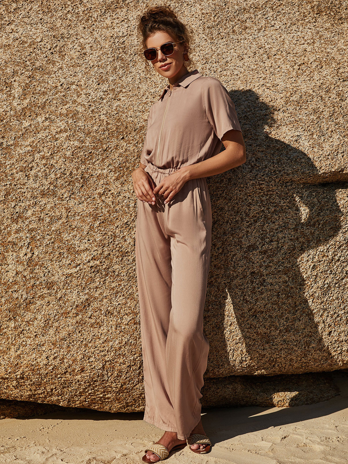 Women's Clothing Jumpsuits & Rompers | Deep Apricot Turndown Collar Short Sleeves Buttons Stretch Polyester Jumpsuits For Women - JQ03464