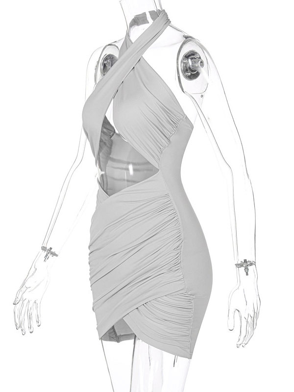 Women's Clothing Clubwear | Club Dress Halter Sexy Pleated Sleeveless Polyester Backless Light Gray Sexy Bodycon Dress - DM04804