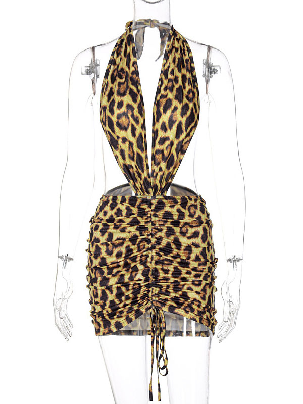 Women's Clothing Clubwear | Club Dress For Women Halter Sexy Drawstring Sleeveless Polyester Tie Dye Backless Leopard Sexy Bodycon Dress - MA09949