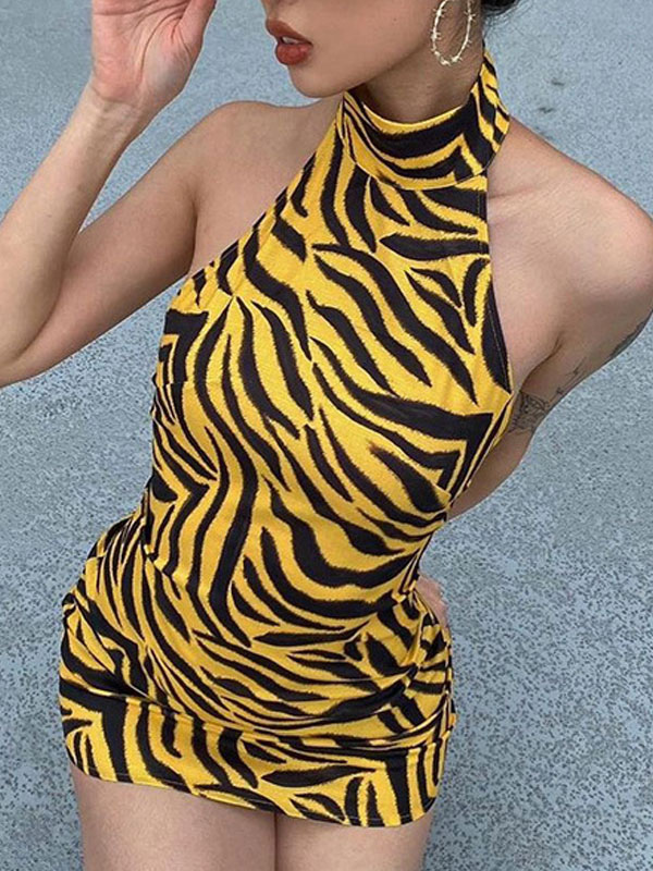 Figurbetonte Kleider Tiger Print Muster Armellose Paspeln Lassig Stehkragen Ruckenfreies Slim Fit Kleid Etuikleid Milanoo Com