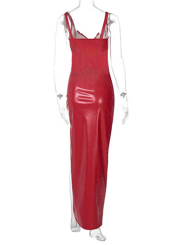 Women's Clothing Clubwear | Club Dress For Women Red Straps Neck Zipper Sleeveless Pu Leather Split Front Asymmetrical Sexy Dress - SC05804