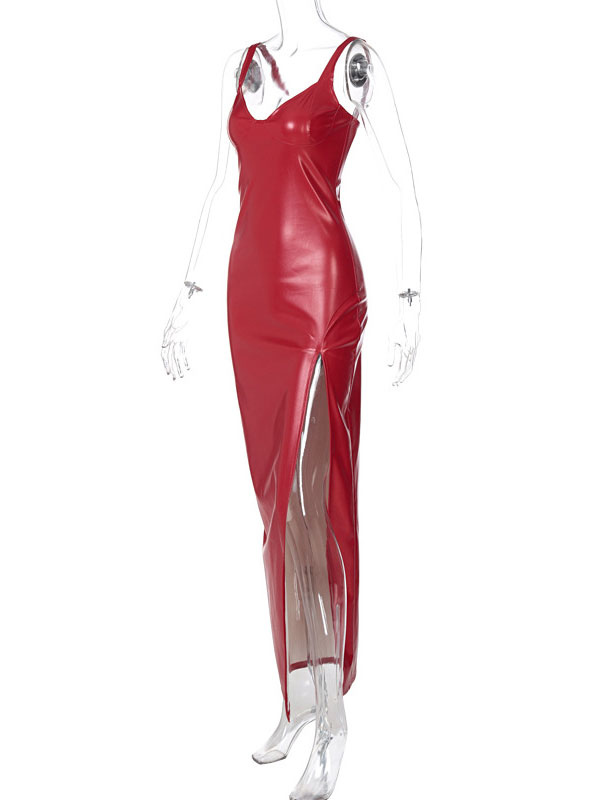 Women's Clothing Clubwear | Club Dress For Women Red Straps Neck Zipper Sleeveless Pu Leather Split Front Asymmetrical Sexy Dress - SC05804