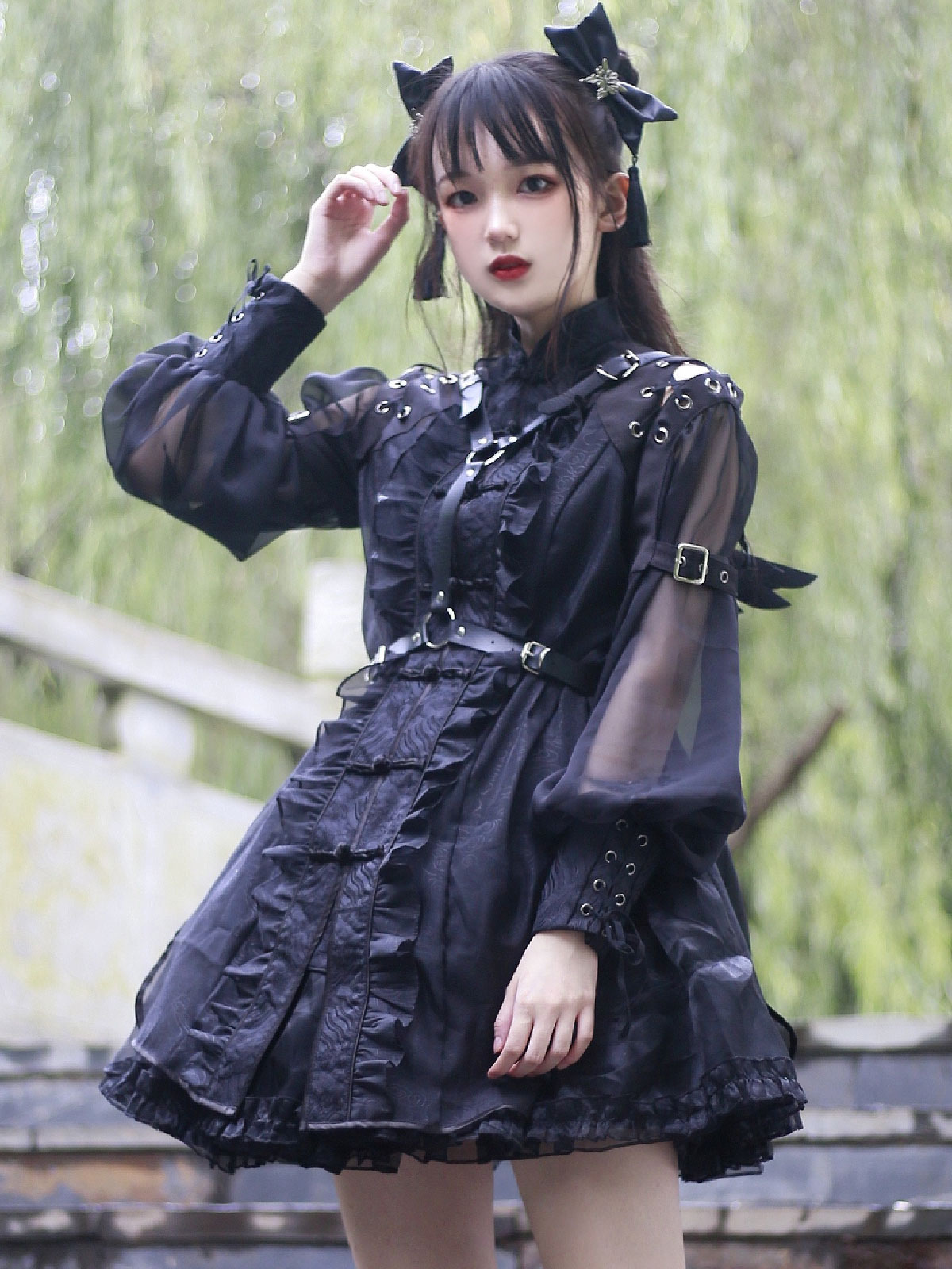 Chinese Style Lolita OP Dress Black Long Sleeve Ruffles Polyester ...