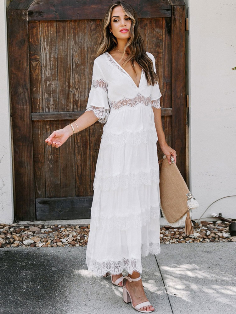 Moda Mujer Vestidos | Vestidos de Encaje Cuello en V blanco Medias mangas Encaje elástico Vestidos de verano casuales - HI60663
