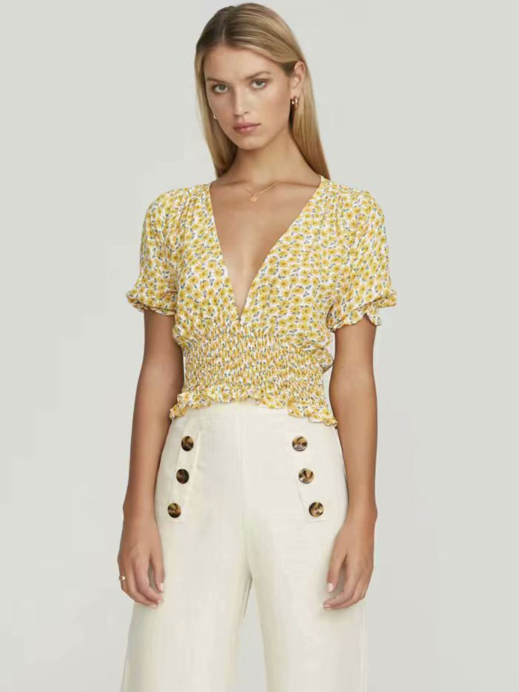 Moda Mujer Tops | Blusa amarilla para mujer estampado floral con cuello en v manga corta tops de poliéster - QB99489