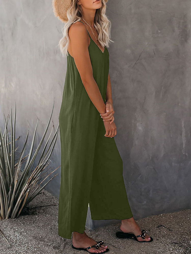 Women's Clothing Jumpsuits & Rompers | Hunter Green Straps V-Neck Sleeveless Spaghetti Polyester Jumpsuits For Women - KL52729