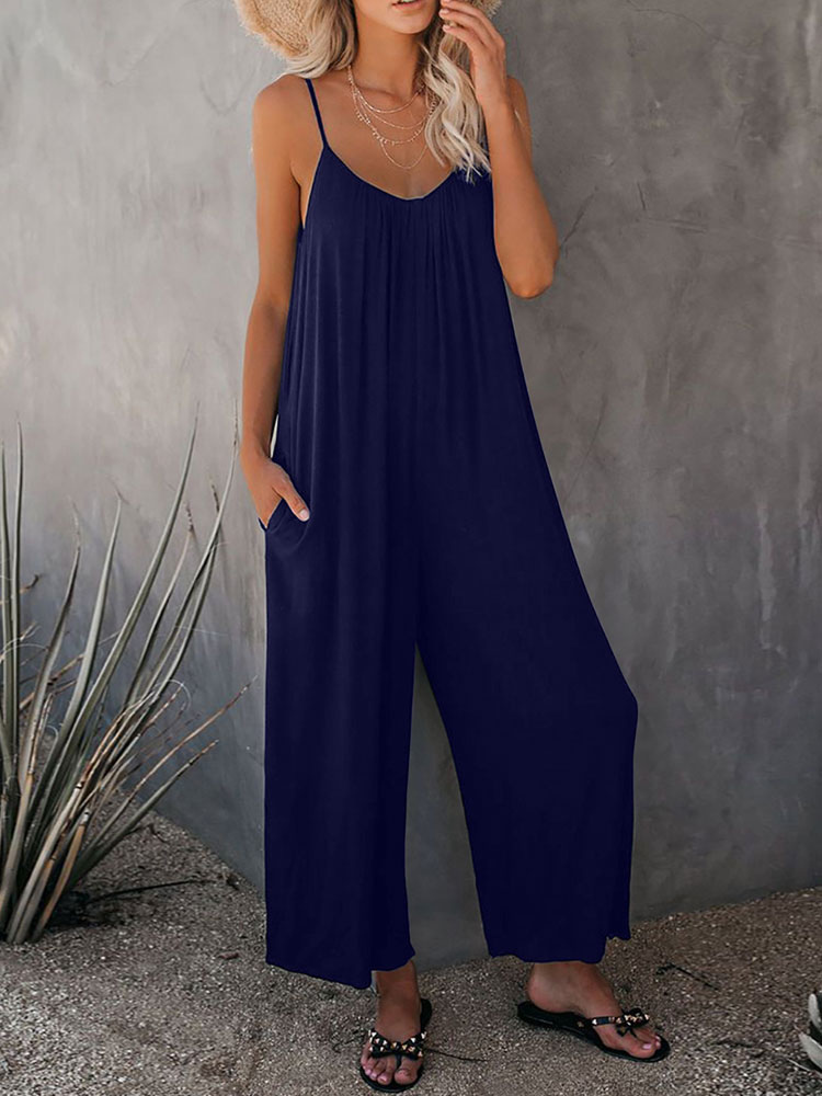 Women's Clothing Jumpsuits & Rompers | Hunter Green Straps V-Neck Sleeveless Spaghetti Polyester Jumpsuits For Women - KL52729