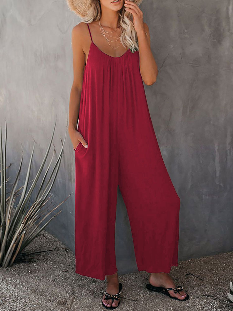 Women's Clothing Jumpsuits & Rompers | Hunter Green Straps V-Neck Sleeveless Spaghetti Polyester Jumpsuits For Women - KL52729