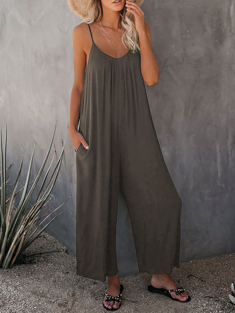 Women's Clothing Jumpsuits & Rompers | Hunter Green Straps V-Neck Sleeveless Spaghetti Polyester Jumpsuits For Women - KL52729