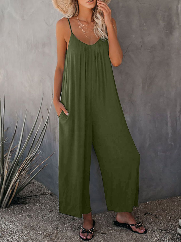 Women's Clothing Jumpsuits & Rompers | Hunter Green Straps V-Neck Sleeveless Spaghetti Polyester Jumpsuits For Women - JS36417