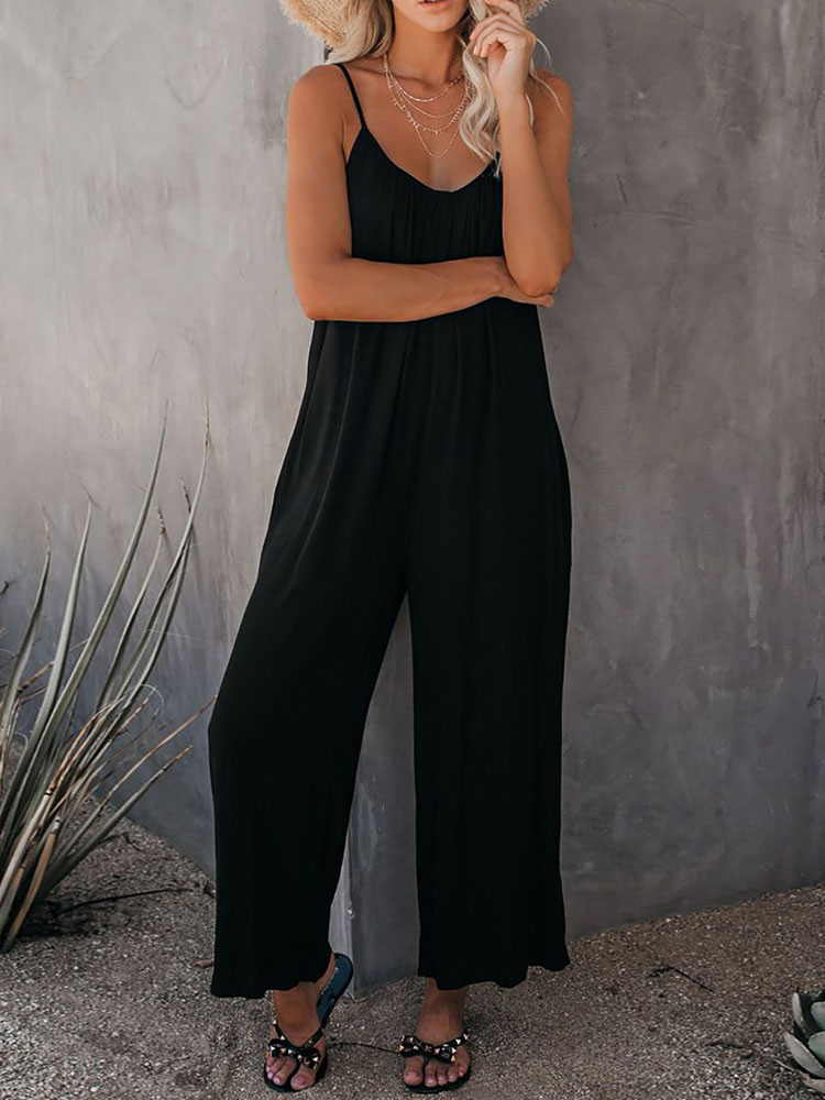 Women's Clothing Jumpsuits & Rompers | Hunter Green Straps V-Neck Sleeveless Spaghetti Polyester Jumpsuits For Women - KL52729